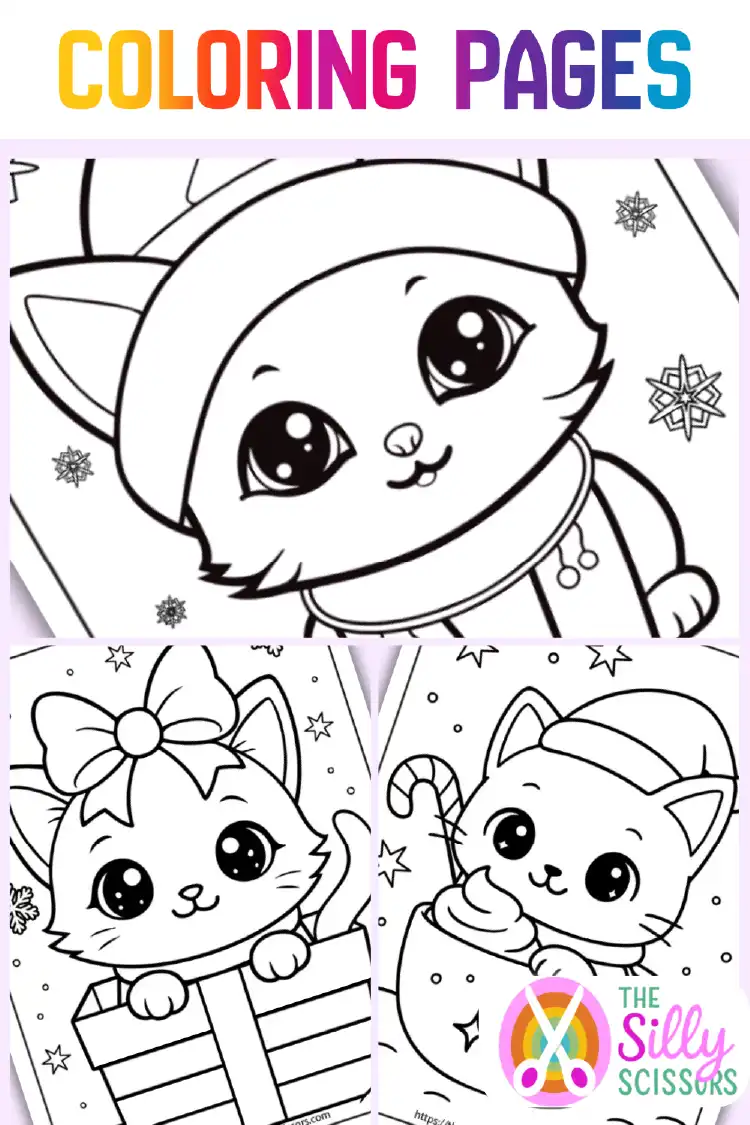 Collage of cute Christmas kitten coloring pages featuring kawaii cats in Santa hats, with snowflakes and presents. Free printable PDF preview from The Silly Scissors.