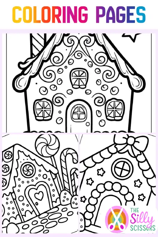 Free printable gingerbread house coloring pages featuring festive Christmas house designs.