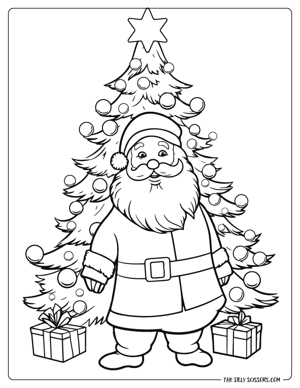 Santa clause and a christmas tree coloring page
