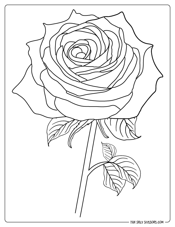 Elegant Rose Coloring Page – Beautiful Floral Design for Kids & Adults Black and white outline drawing of a single rose flower with detailed petals and leaves, designed as a printable coloring page.