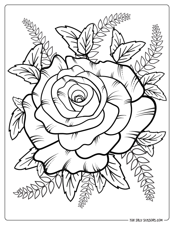 Simple Rose Coloring Page – Bold Floral Design with Leaves for All Ages Black and white outline of a large rose flower with decorative leaves surrounding it, designed as a printable coloring page for children and adults.