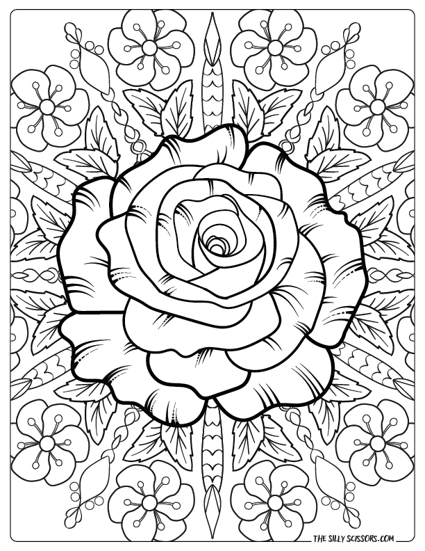 Rose Mandala Coloring Page – Free Printable Floral Design for Kids and Adults Black and white outline of a rose in the center of a floral mandala pattern, designed as a printable coloring page for kids and adults.