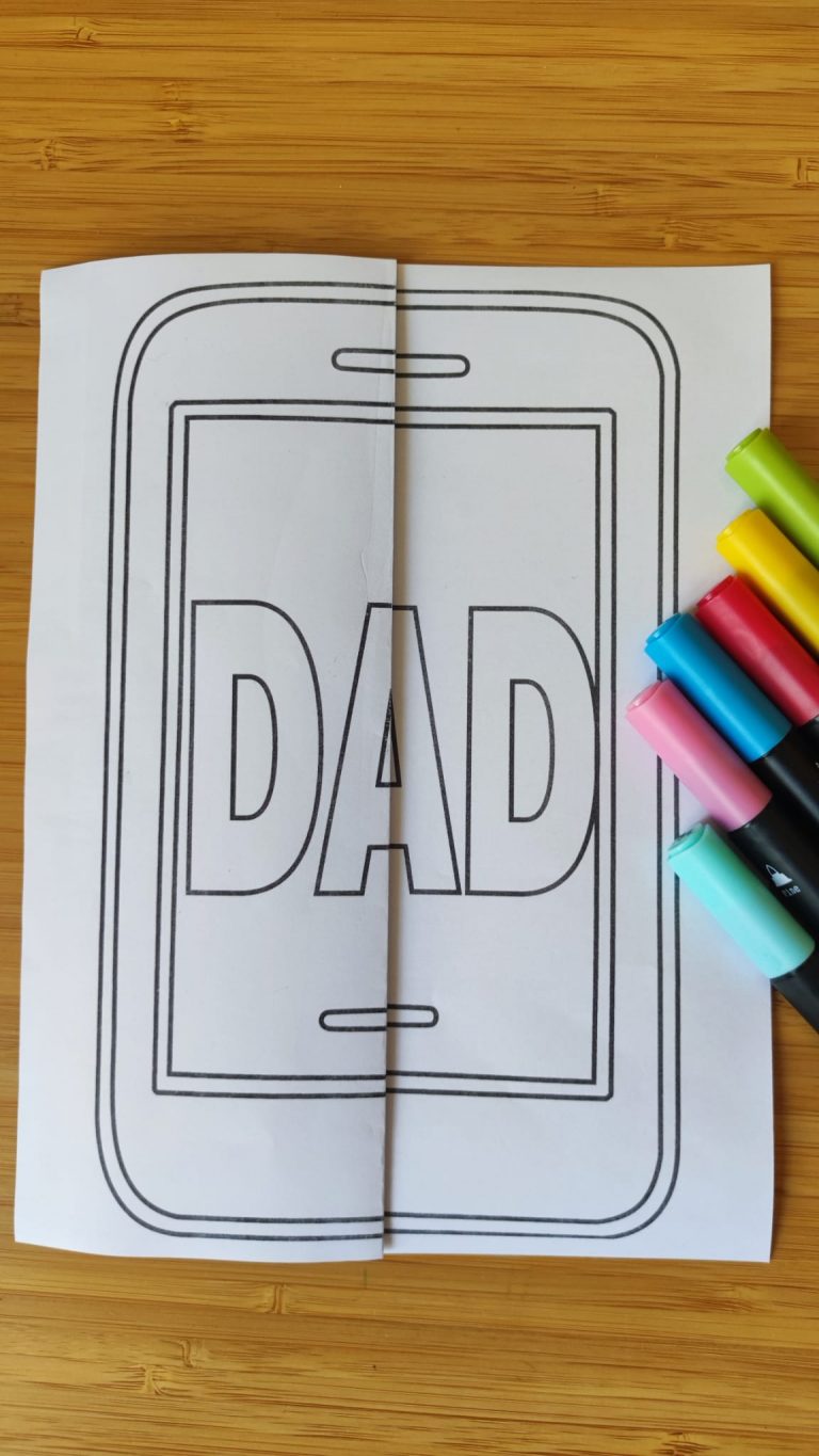 Foldable Father’s Day card coloring page with “DAD” text on a tablet design, shown before coloring.