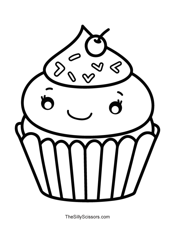 Cupcake Coloring Page: Cute Smiley Face & Sprinkles