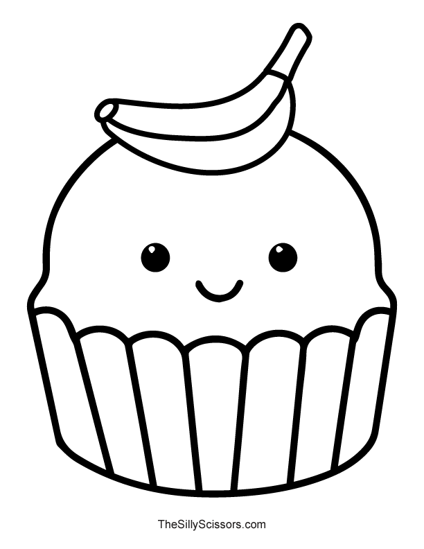 Printable Cupcake Coloring Sheet with Banana and Eyes