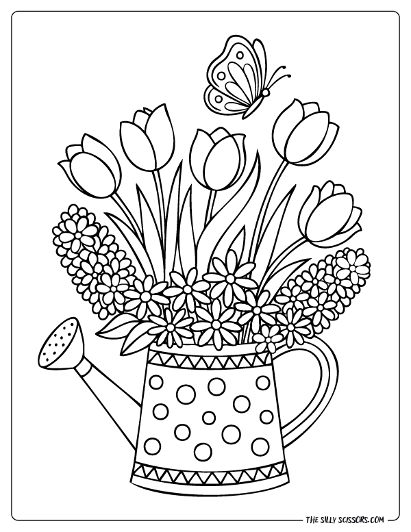 Black-and-white coloring page of a watering can filled with tulips, daisies, hyacinths and a butterfly.
