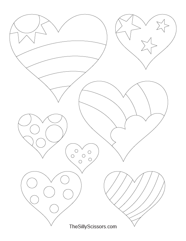 Simple rainbow heart coloring page with stars, clouds, circles, and stripes – thin line design for kids and adults