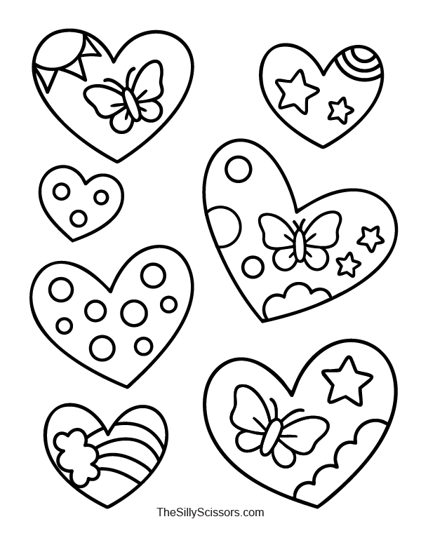 Black and white coloring page featuring evenly spaced heart shapes filled with butterflies, stars, clouds, and circles