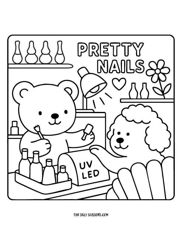 Bear giving a manicure to a fluffy dog using a UV LED lamp in a cozy nail salon – cute kids coloring page with heart-decorated claws.