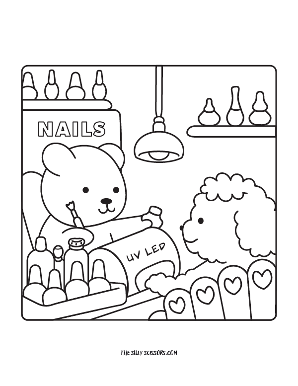 Bear and dog in a friendly nail salon under a “Pretty Nails” sign with polish bottles, UV lamp, and cheerful decor – printable coloring fun.