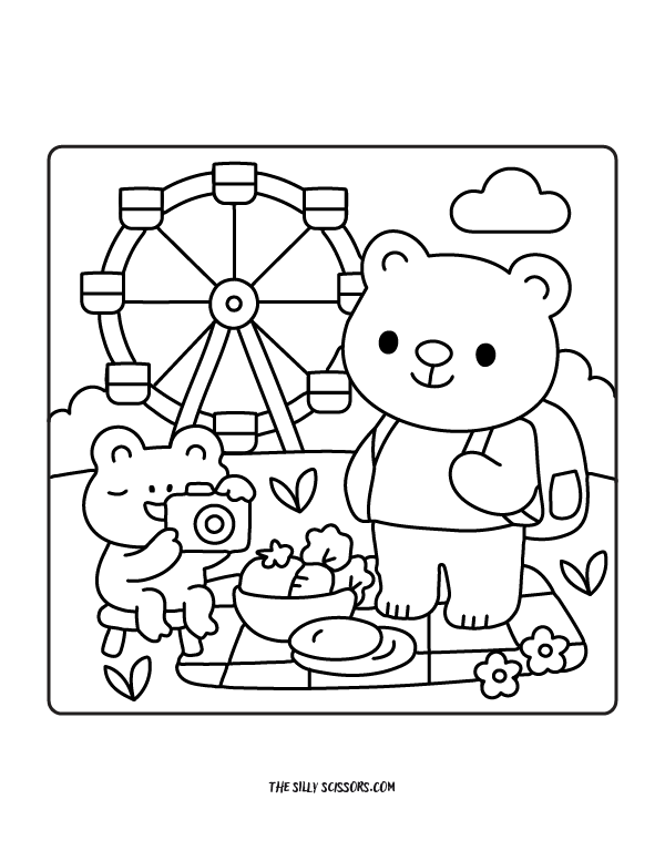 Bear with a backpack and frog taking photos in front of a Ferris wheel during a picnic – fun animal-themed coloring page for kids.