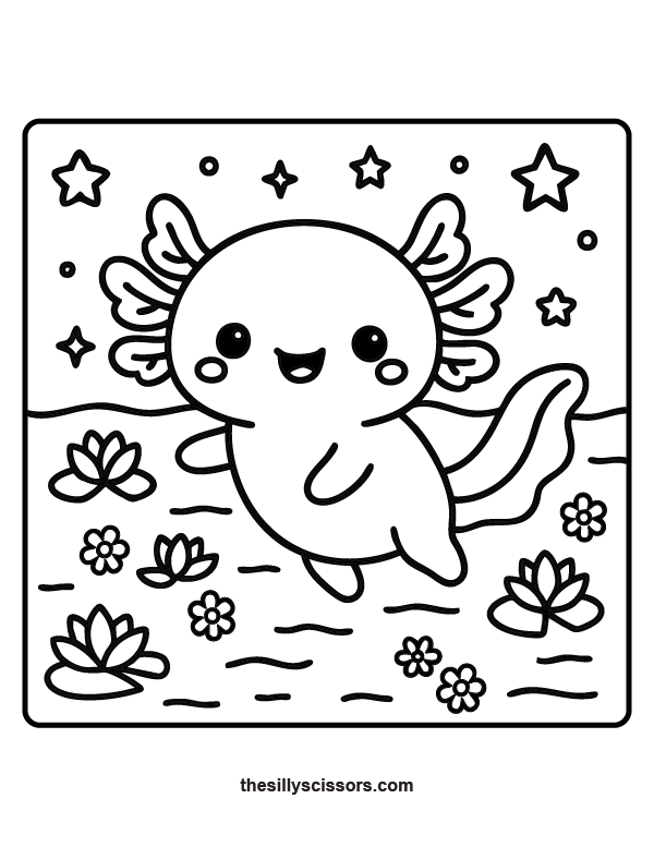 Happy axolotl in a magical pond with lotus flowers and sparkly stars – bold lines coloring sheet for kids.