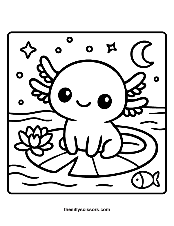 Kawaii-style axolotl sitting on a lily pad with a lotus flower, happy fish, and crescent moon – free printable coloring sheet.