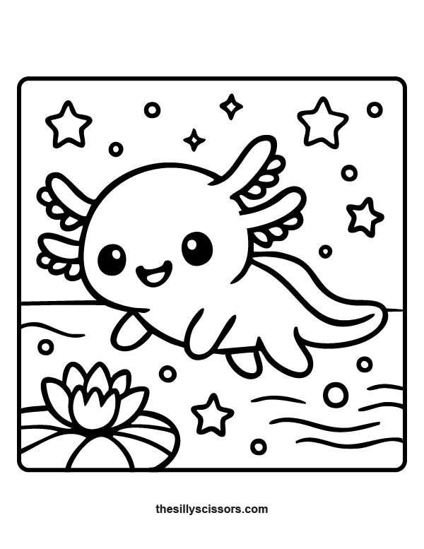 Cute smiling axolotl swimming above a lotus flower in a magical pond, surrounded by stars – black and white coloring page.