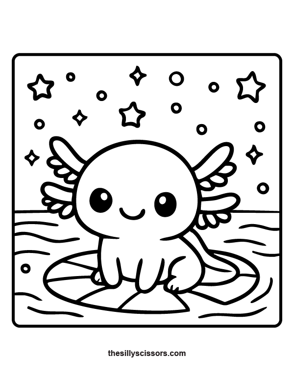 Smiling axolotl sitting on a lily pad under a sky full of stars – cute black and white coloring page for children.