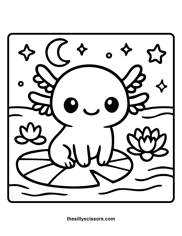 Cute axolotl sitting calmly on a lily pad in a night pond with lotus flowers and stars – printable coloring design.