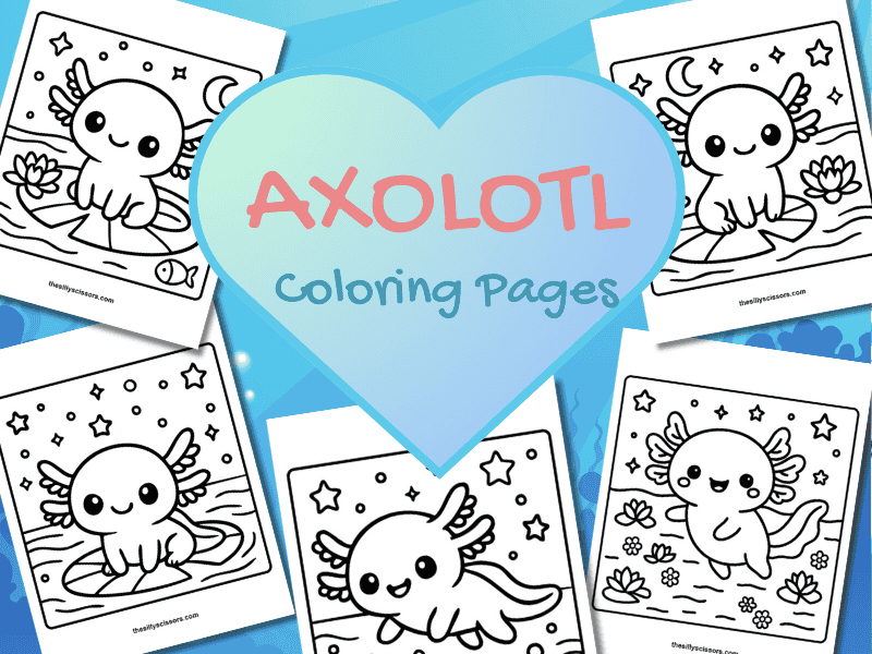 "Axolotl coloring pages montage image with example coloring pages.