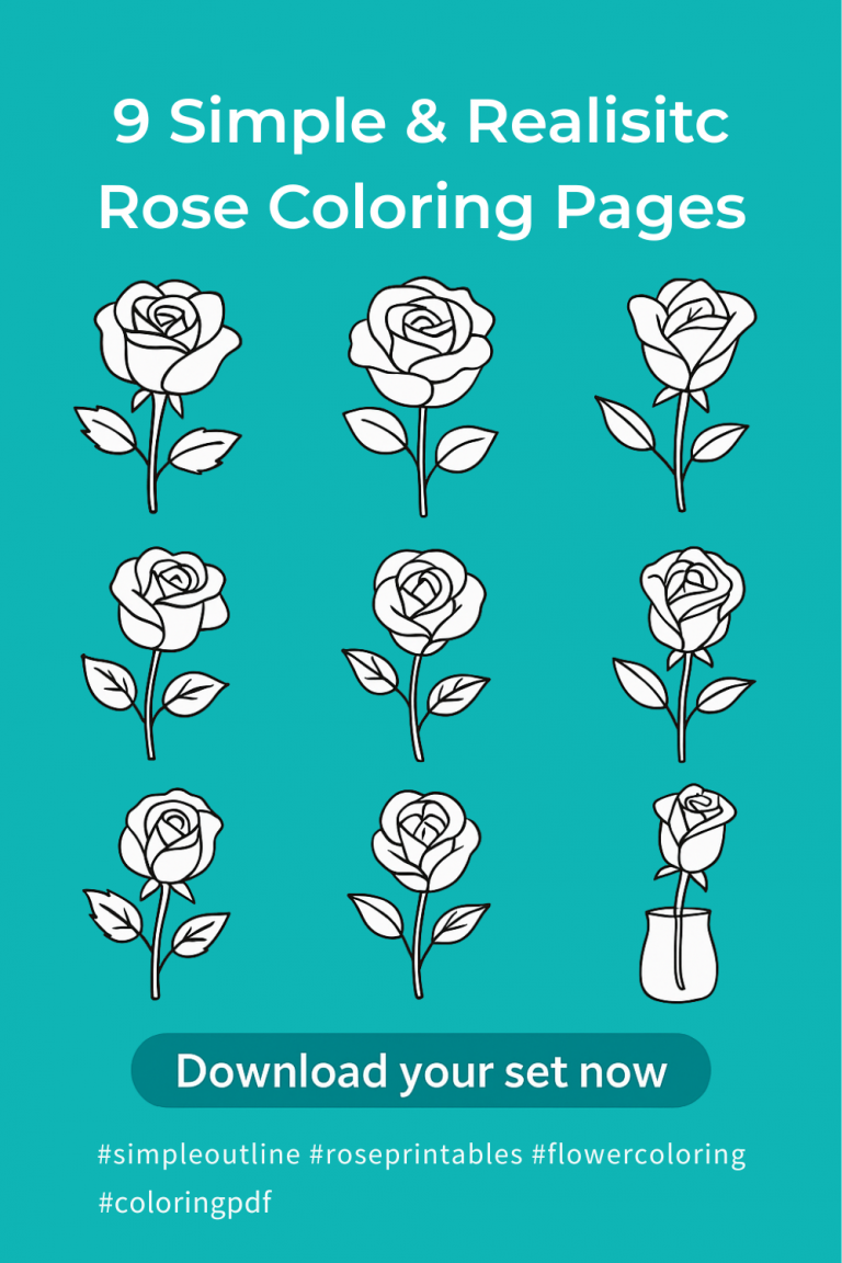 9 simple and realistic rose coloring pages – printable outline set