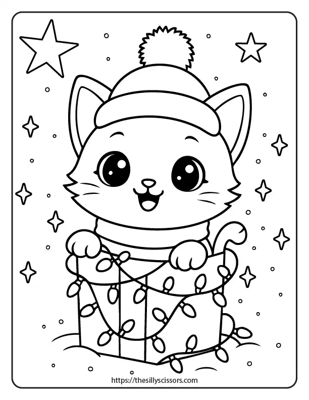 A kawaii Christmas kitten tangled in string lights, smiling joyfully, with snowflakes and stars creating a festive holiday scene.