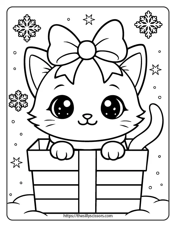 A kawaii Christmas kitten peeking out of a wrapped gift box, wearing a big bow on its head, with festive snowflakes in the background.