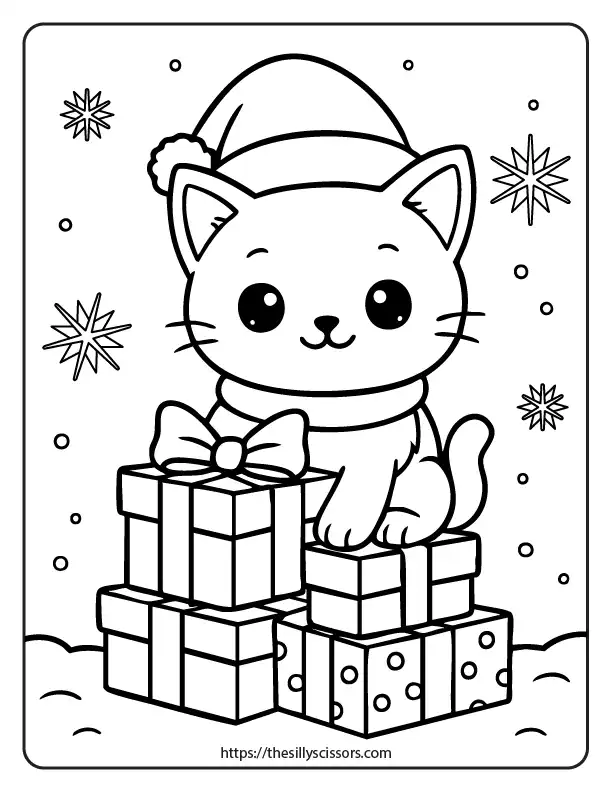 A kawaii Christmas kitten wearing a Santa hat, sitting proudly on top of stacked presents, with snowflakes in the background.