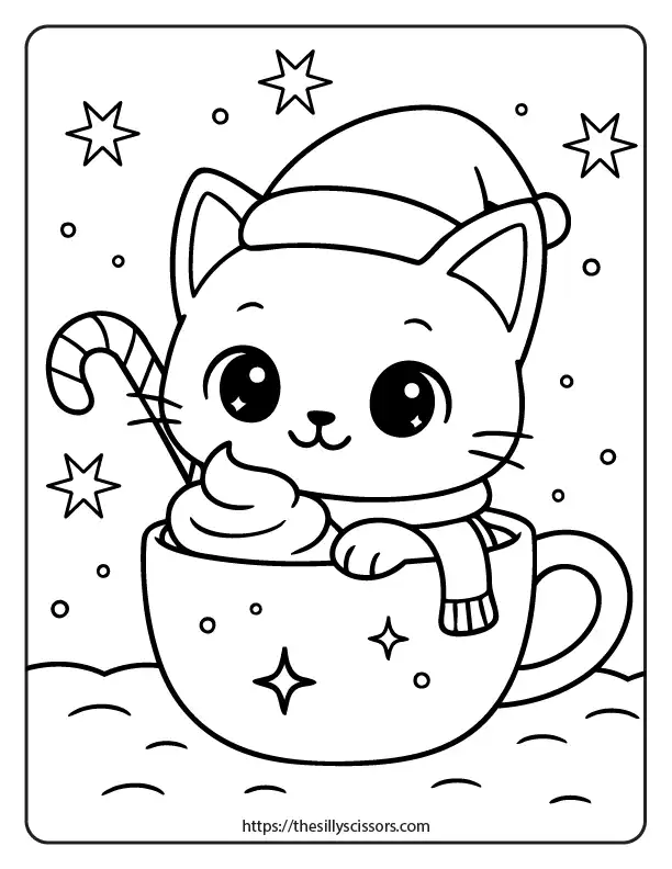 A kawaii Christmas kitten wearing a Santa hat, sitting inside a big mug of hot cocoa with whipped cream and a candy cane