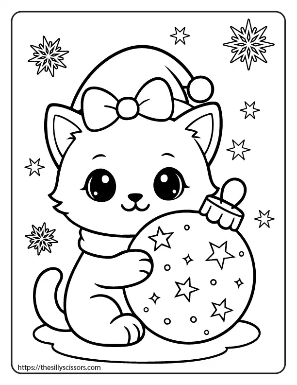 A kawaii Christmas kitten hugging a giant Christmas ornament decorated with stars, sitting happily with snowflakes around.