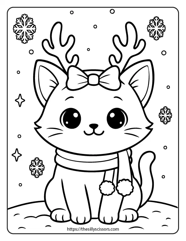 A kawaii Christmas kitten sitting in the snow, wearing reindeer antlers and a scarf, with snowflakes falling gently around
