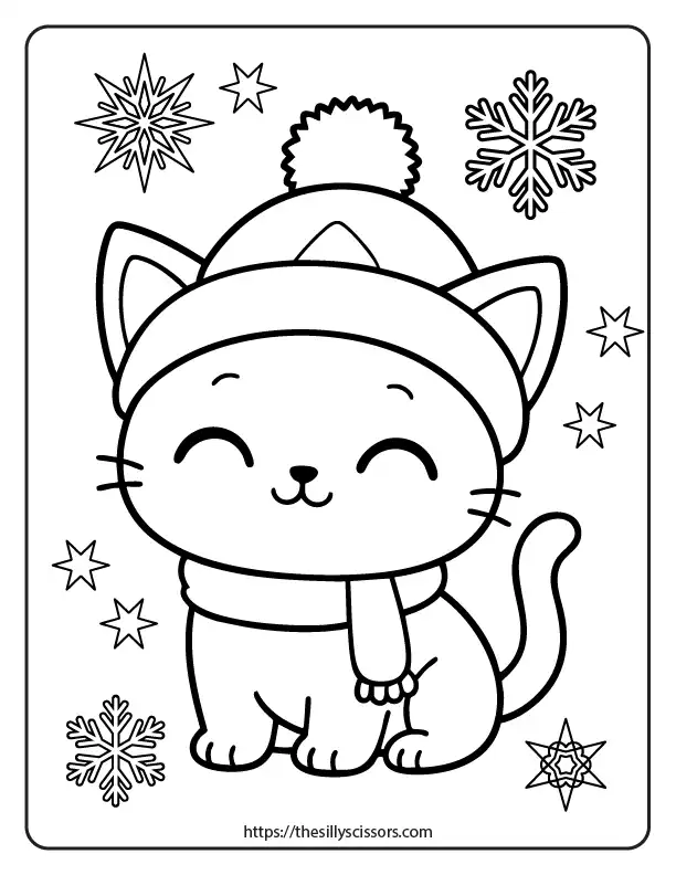 A kawaii Christmas kitten sitting happily in the snow, wearing a warm scarf and winter hat, with snowflakes falling around.