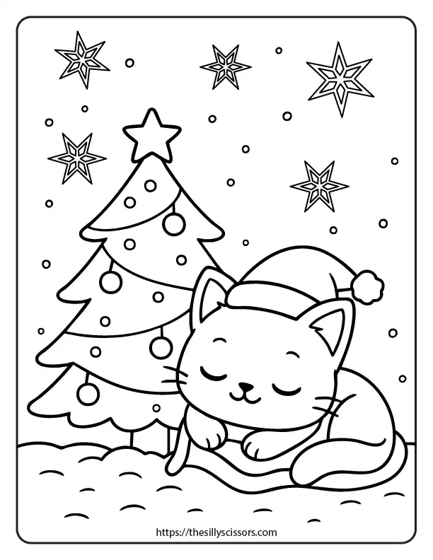 A kawaii Christmas kitten curled up peacefully next to a decorated Christmas tree with ornaments, garland, and snowflakes.
