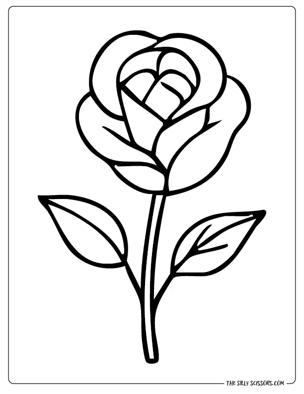 Printable flower rose coloring sheet with two leaves