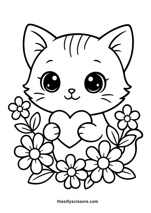 Kawaii chibi kitten surrounded by flowers – printable coloring page.