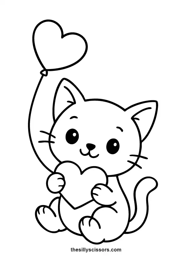 Valentine kitten holding heart balloons – free coloring page PDF.
