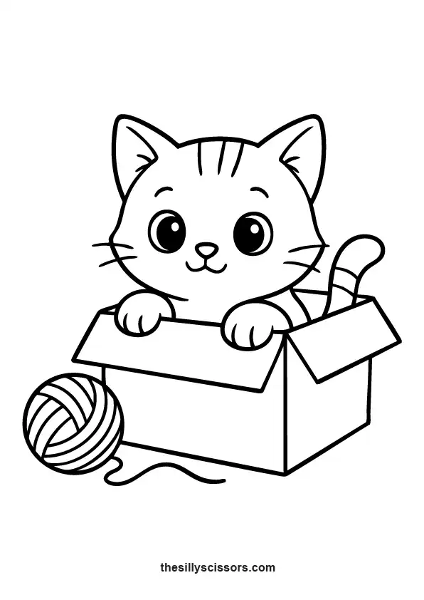 Funny kitten stuck in a cardboard box – printable coloring sheet PDF.