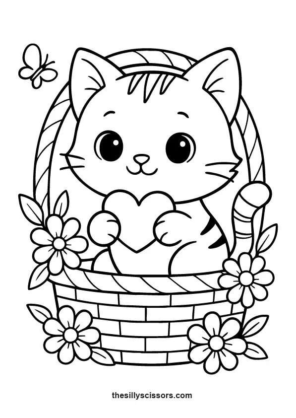 Cute sleeping kitten resting on a pillow – printable coloring page PDF.