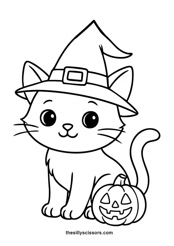 Halloween kitten wearing a witch hat – printable coloring page PDF.