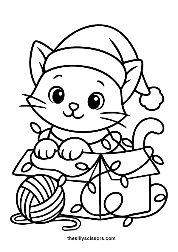 Christmas kitten tangled in festive lights – free printable coloring page.