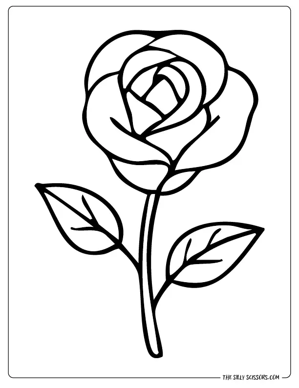 Free open rose coloring sheet with petals and leaves
