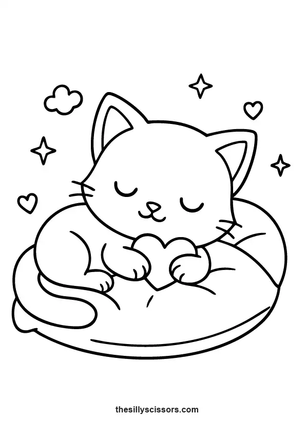 Cute sleeping kitten resting on a pillow – printable coloring page PDF.