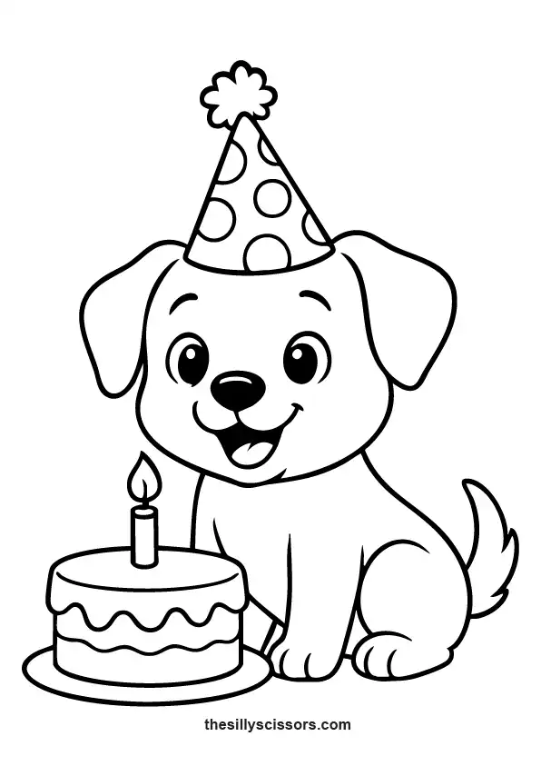 Puppy wearing a party hat with birthday cake.