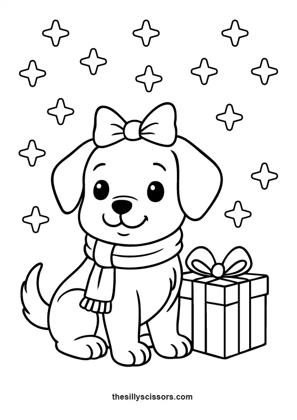 puppy sitting next to a Christmas gift.