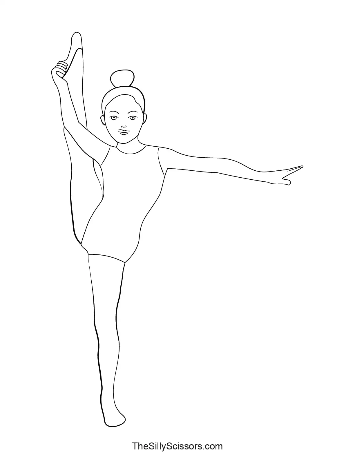 gymnast-standing-split-coloring-page – gymnast holding a standing split pose