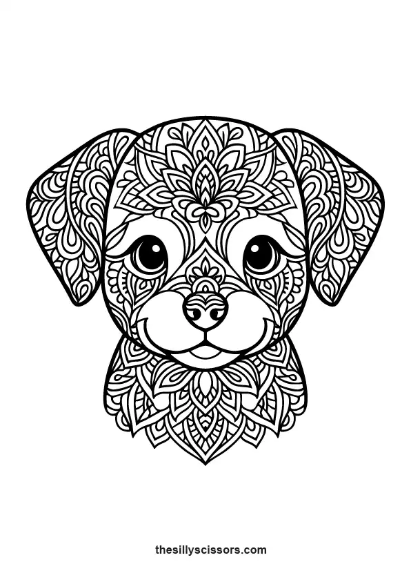 Mandala-style puppy illustration for adults.