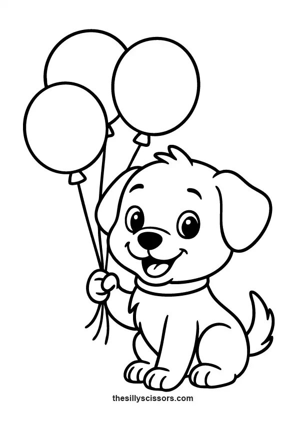 Puppy holding colorful balloons.