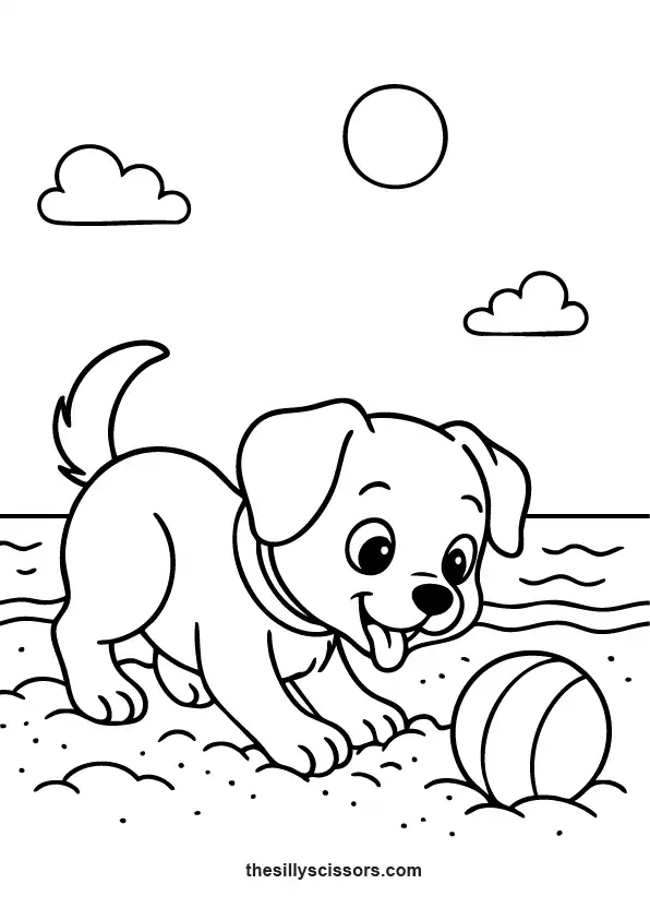 Puppy playing with a ball at the beach.