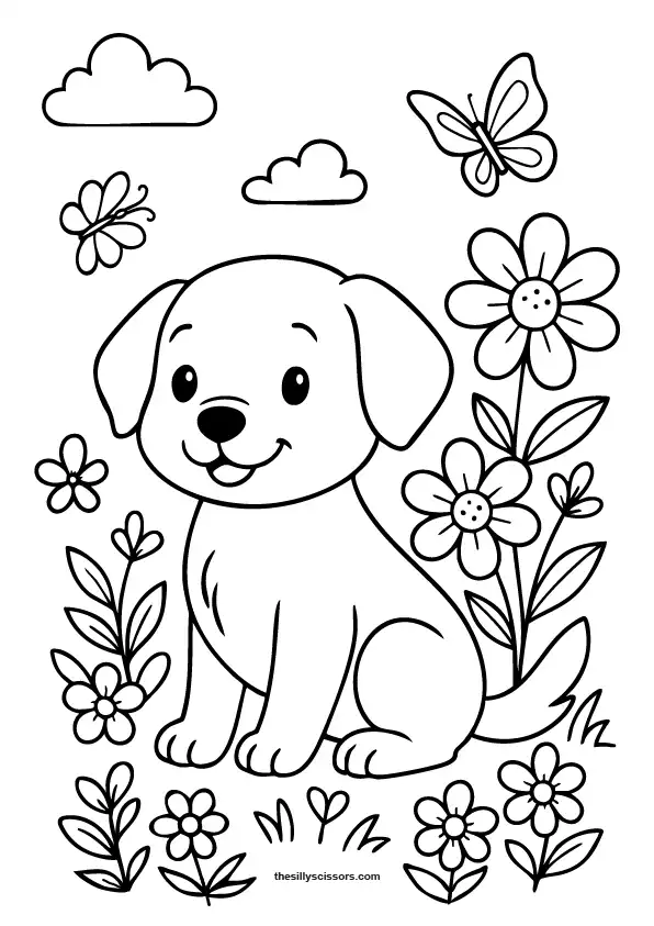 Puppy playing in a flower garden.