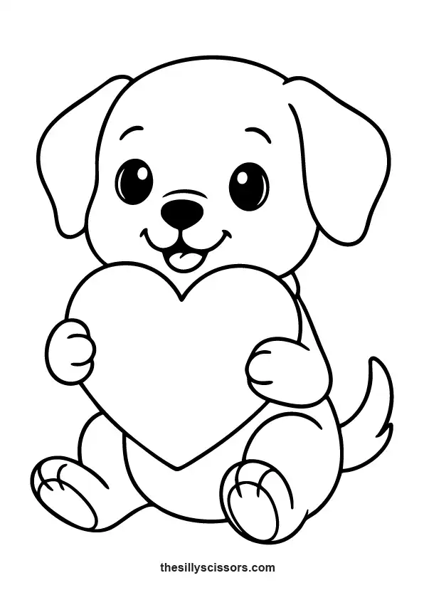 Puppy holding a heart.