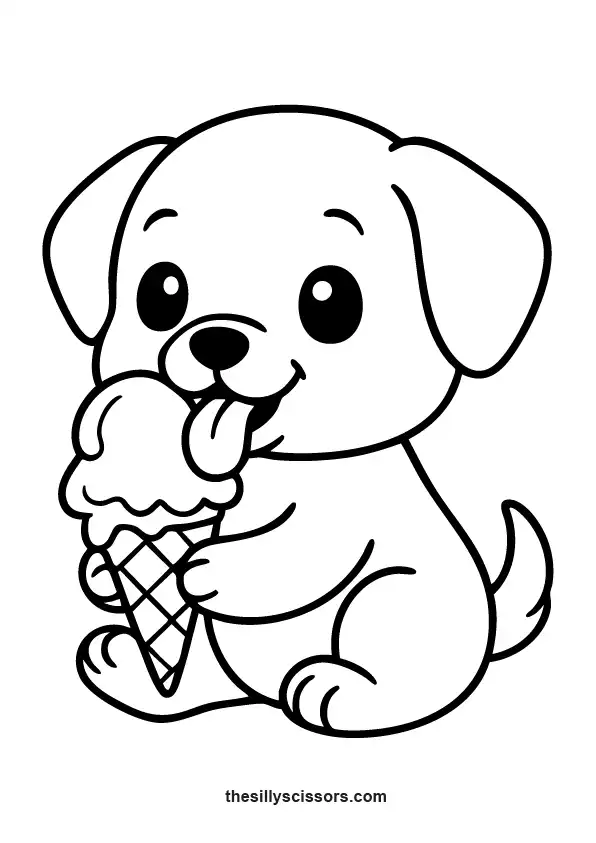 Puppy licking an ice cream cone.