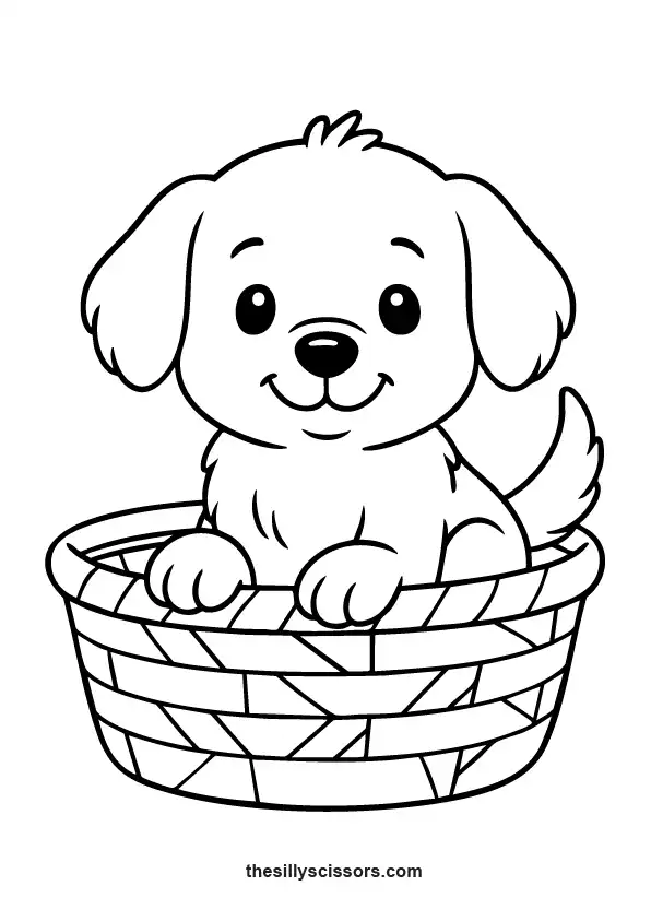Puppy resting in a basket.
