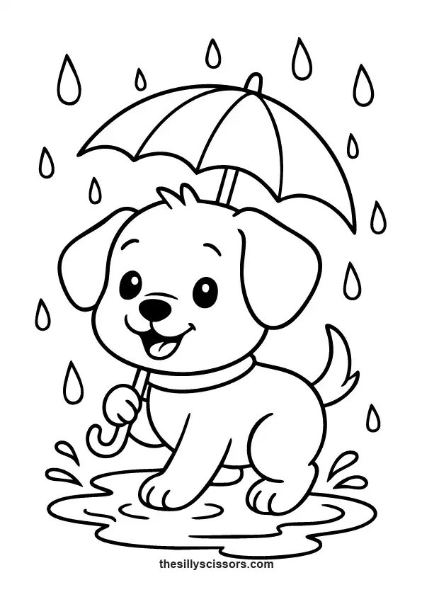 Puppy with umbrella splashing in rain.
